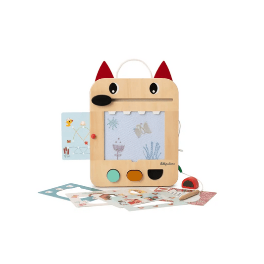 Lilliputiens wolf activity toy with blue animal card and scattered colorful game pieces