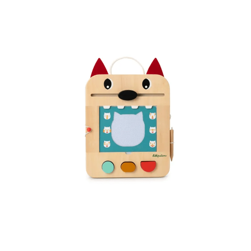 Wooden wolf activity toy with teal background and repeating cat silhouette design
