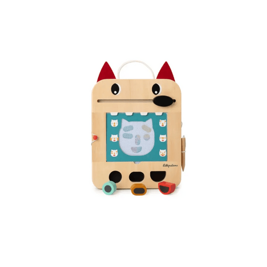 Wooden wolf drawing board with teal cat pattern card and matching shape cutouts
