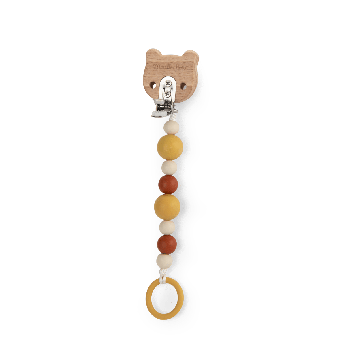 Wooden bear pacifier clip with adjustable metal clip and wood bead chain