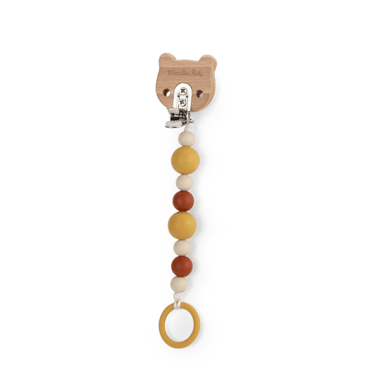 Wooden bear pacifier clip with adjustable metal clip and wood bead chain