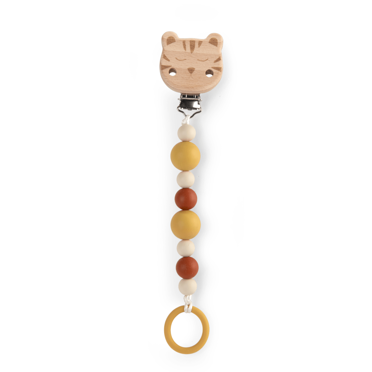 Wooden tiger face pacifier clip with laser-engraved stripes and silicone ring