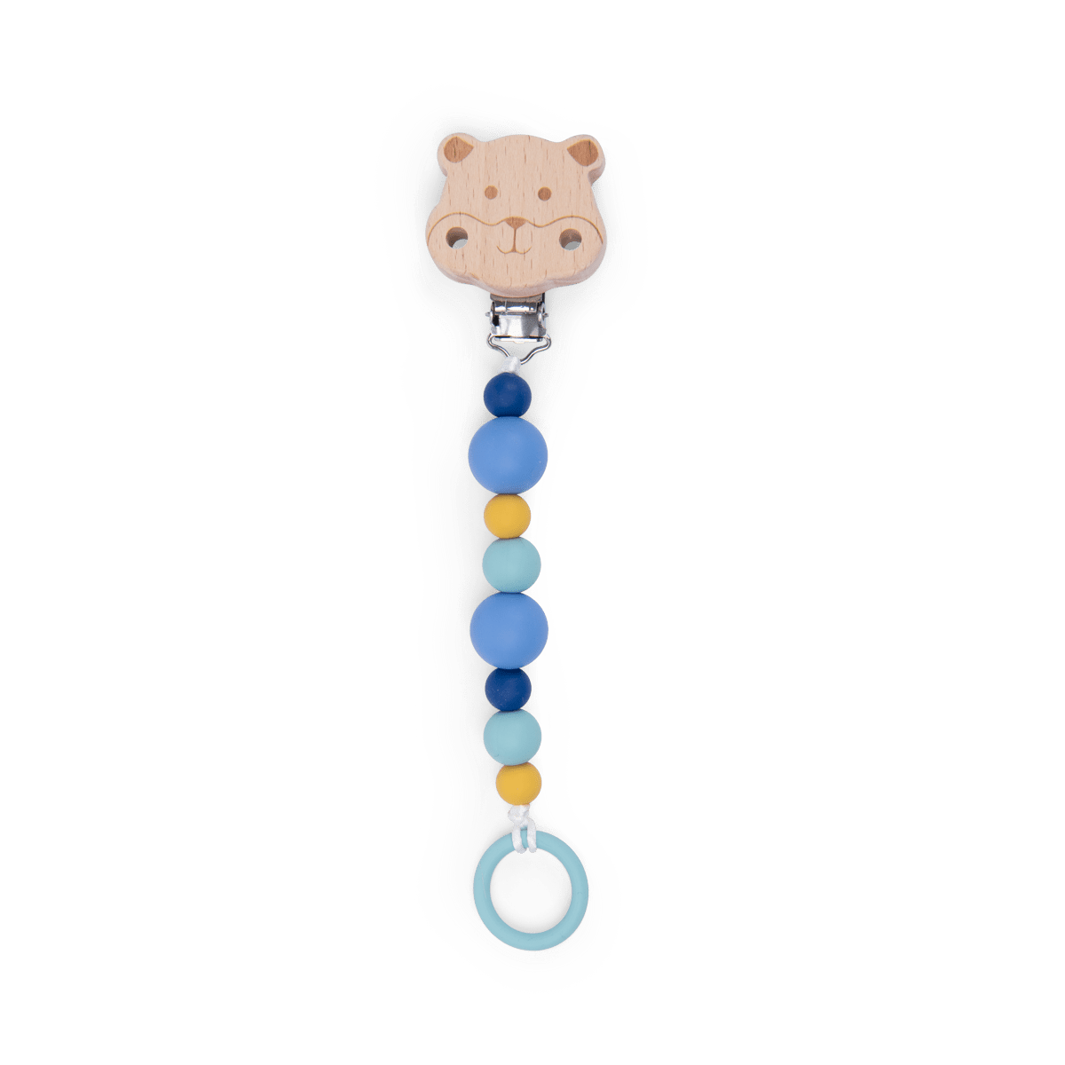 Wooden hamster pacifier clip with blue and yellow silicone beads