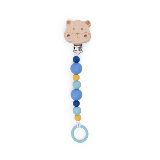 Wooden hamster pacifier clip with blue and yellow silicone beads
