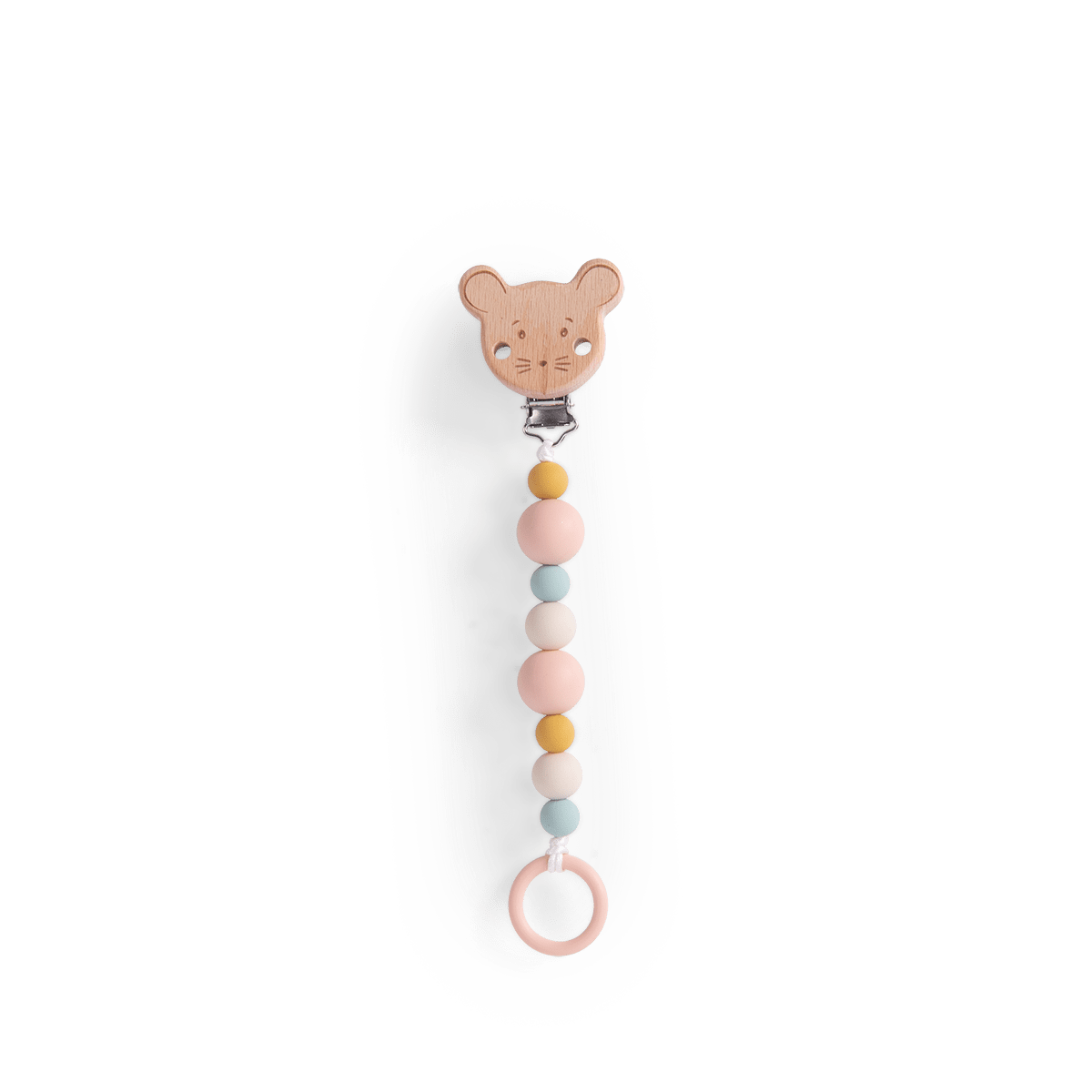 Close-up of wooden mouse head pacifier holder with engraved details