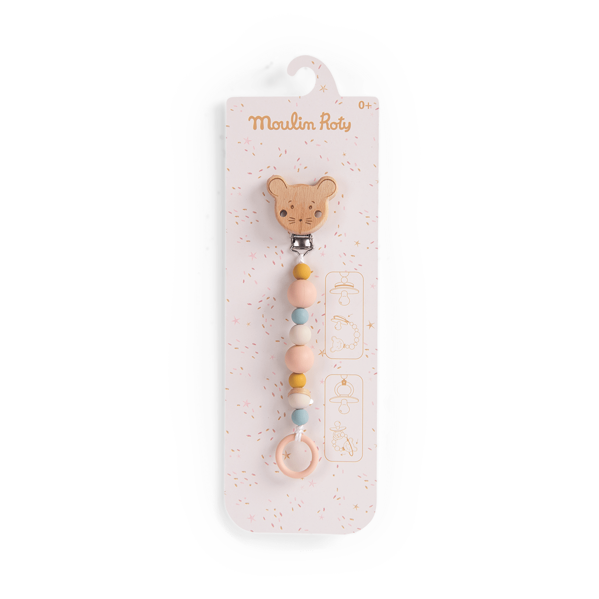 Moulin Roty pacifier clip packaging showing usage diagrams for baby
