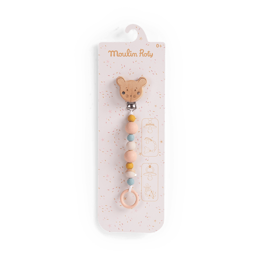 Moulin Roty pacifier clip packaging showing usage diagrams for baby