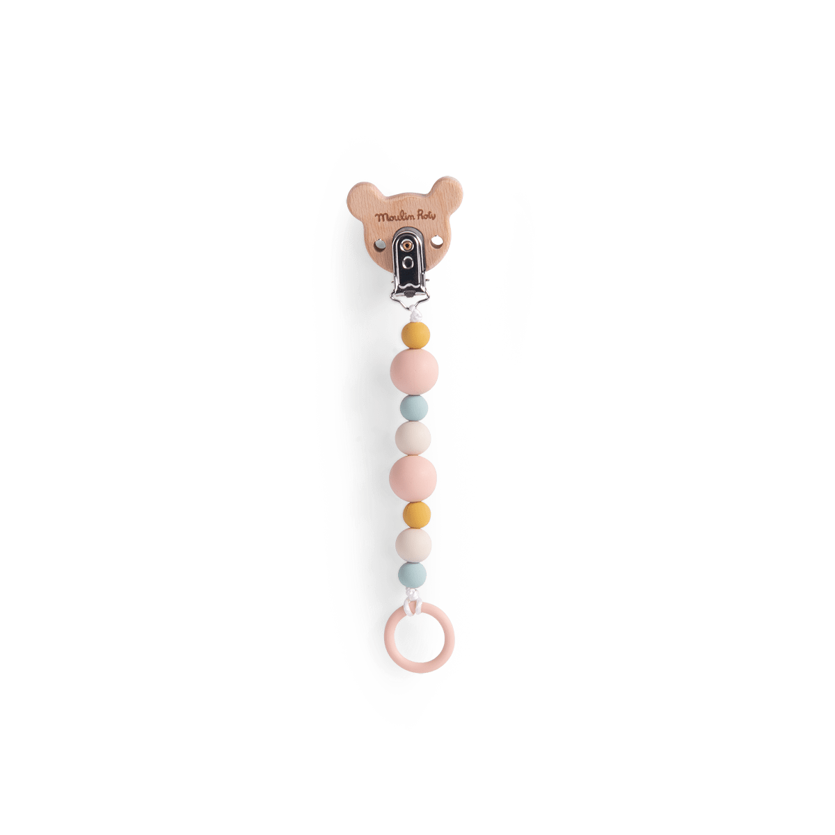 Wooden mouse pacifier clip with pastel silicone beads and teether ring