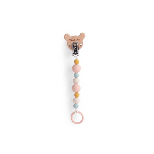 Wooden mouse pacifier clip with pastel silicone beads and teether ring