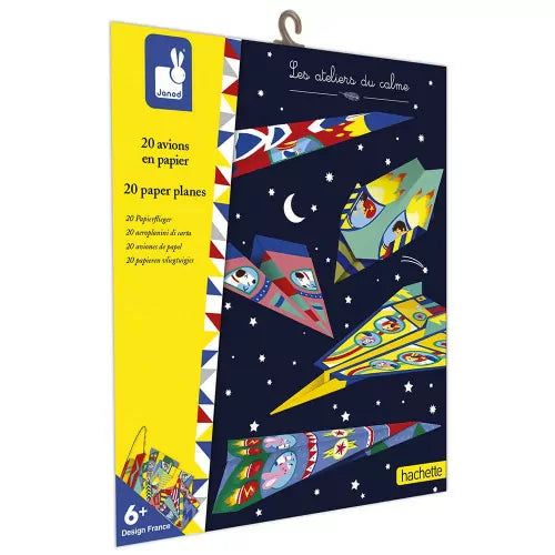 Janod paper airplane craft box packaging showing 20 sheets and 6+ age rating