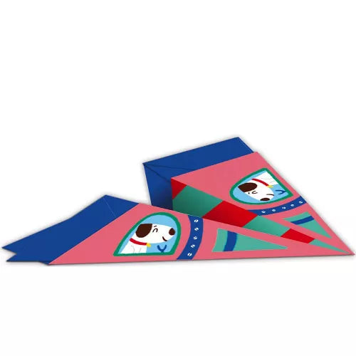 Pink and blue origami style paper airplanes with cartoon dog cockpit detail