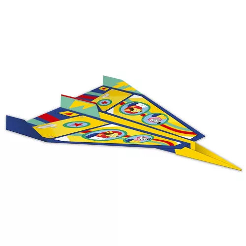 Yellow and blue assembled paper airplane with rainbow stripe decals