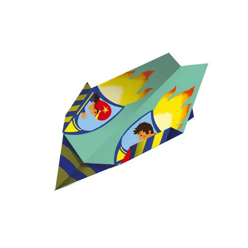 Teal folded paper airplane with striped wings and cartoon cockpit children