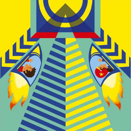 Illustrated Janod paper planes flying upward on yellow and teal striped path