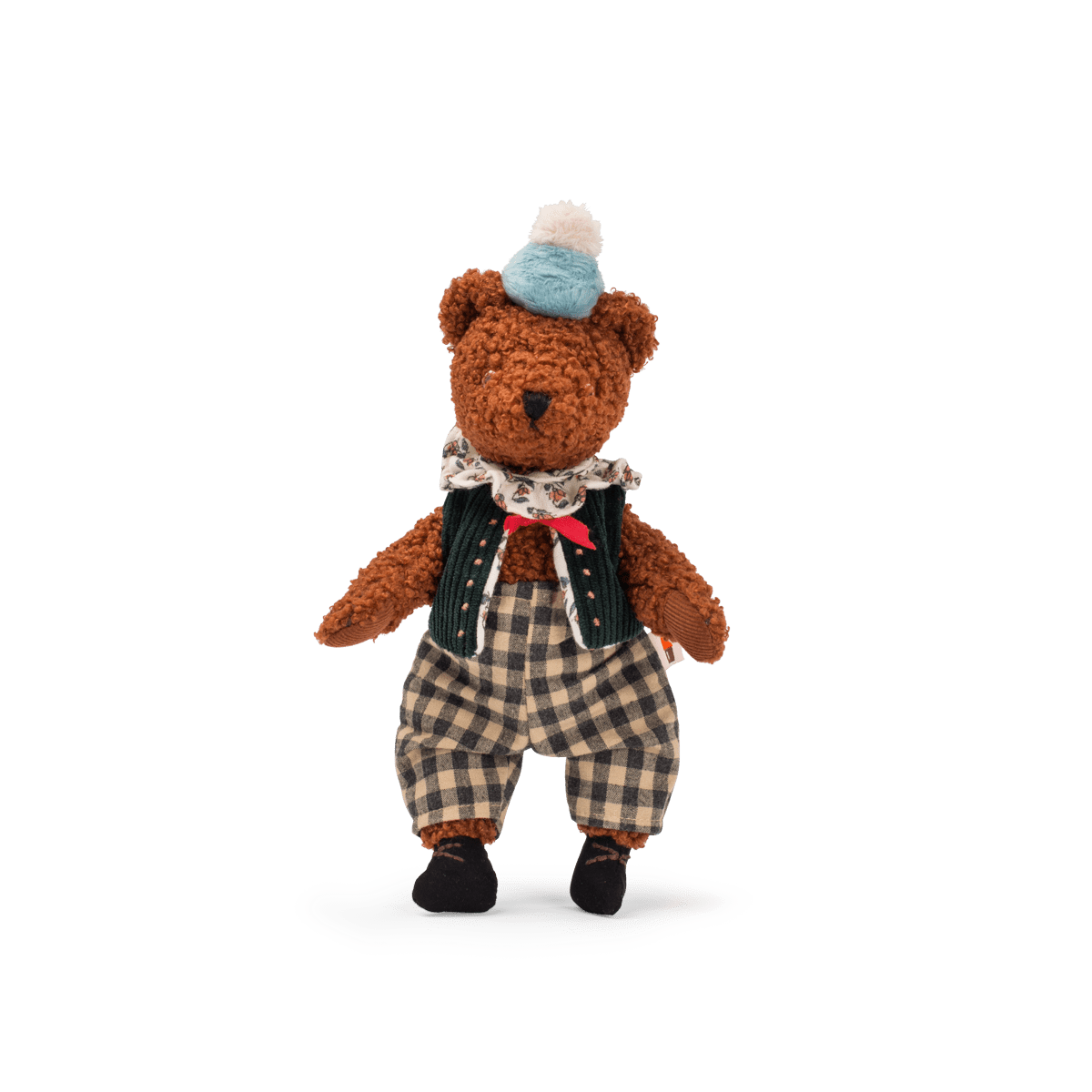 Baba le grand ours articulated plush toy in green vest and checkered trousers