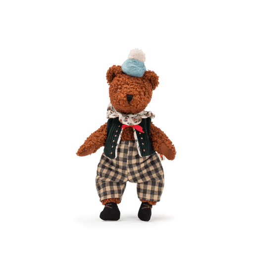 Baba le grand ours articulated plush toy in green vest and checkered trousers