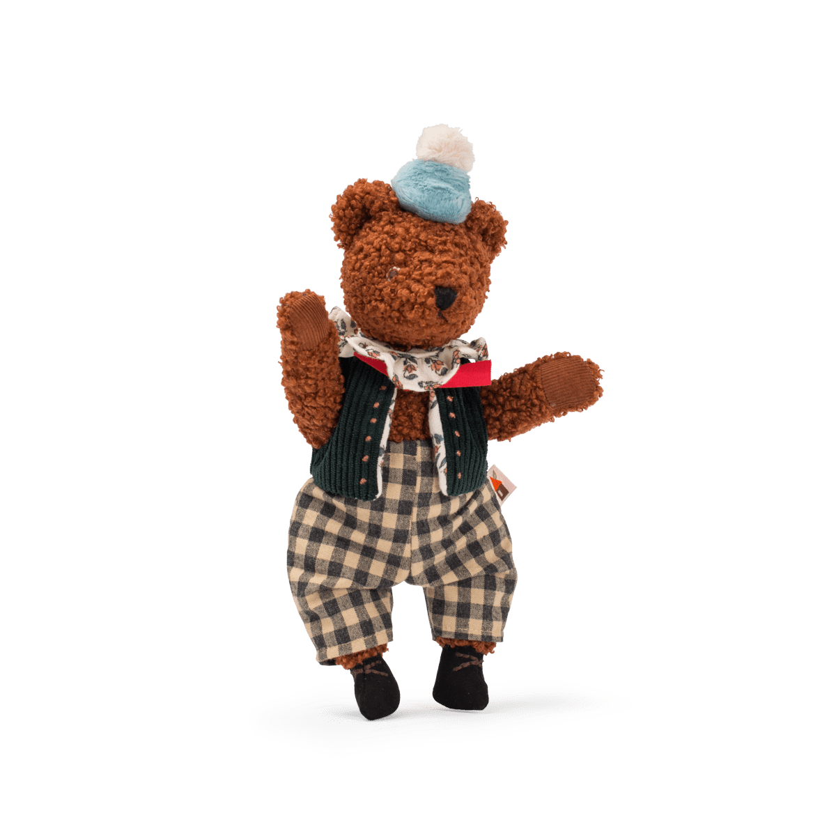 Articulated brown teddy bear posing dynamically in blue hat and green vest