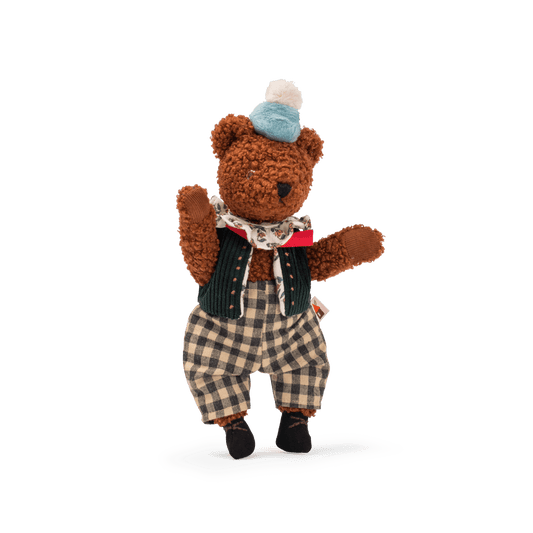 Articulated brown teddy bear posing dynamically in blue hat and green vest