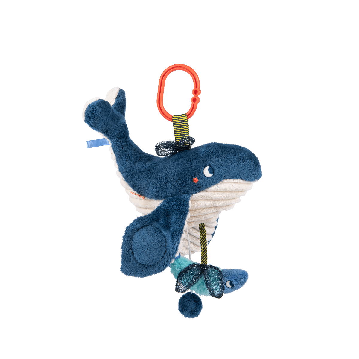 Blue plush whale mobile with carabiner clip, fish, and mirror