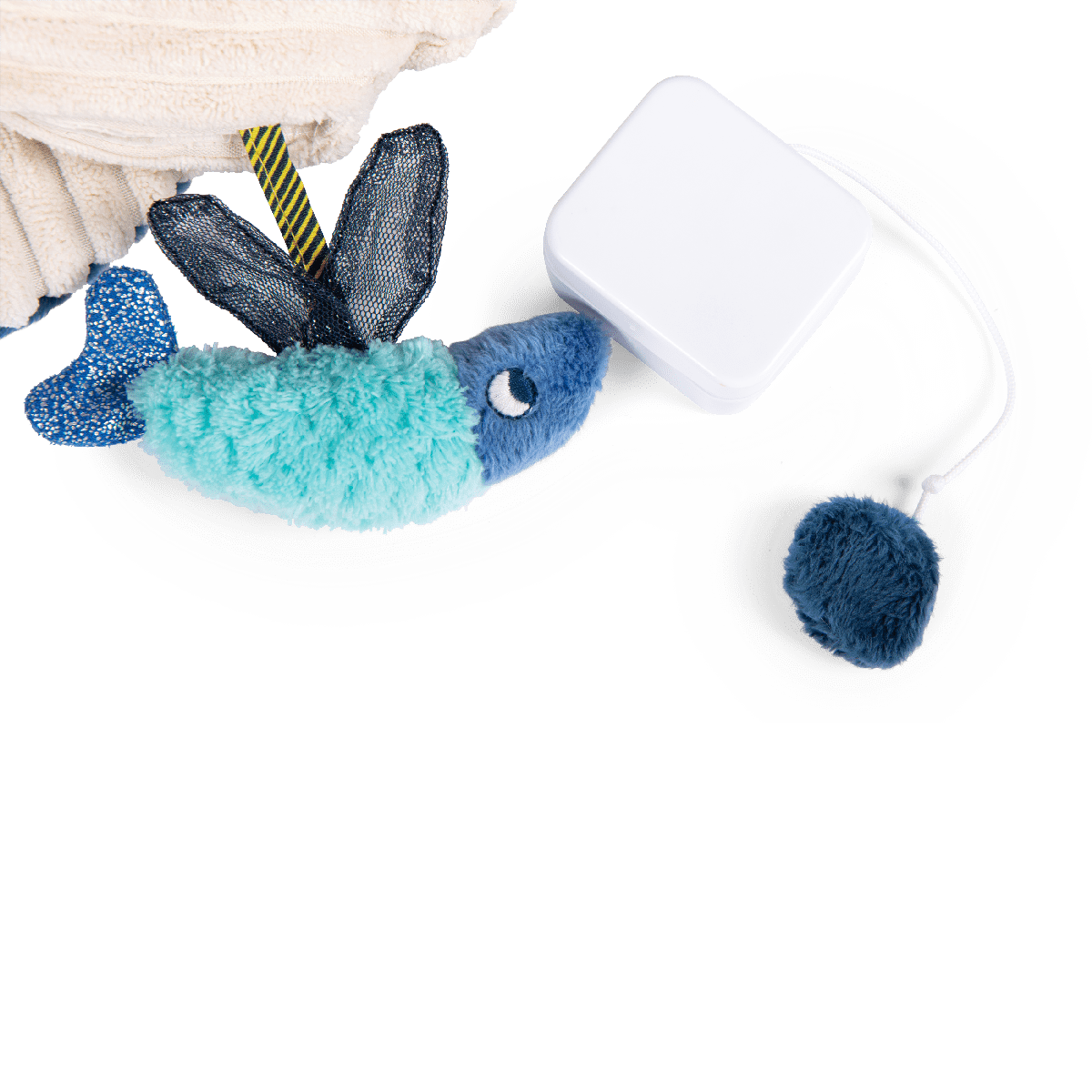 Detachable music box mechanism with blue pom-pom for Paulie toy