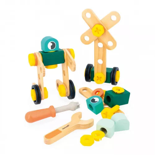 JANOD Brico'Kids wooden building set featuring assembled robot and windmill with loose parts