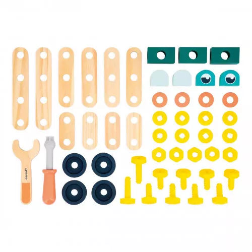 JANOD Brico'Kids wooden construction set with 50 pieces including wheels, bolts and tools