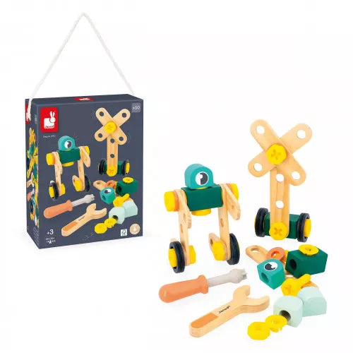 JANOD Brico'Kids 50-piece wooden construction kit with assembled robot and loose components