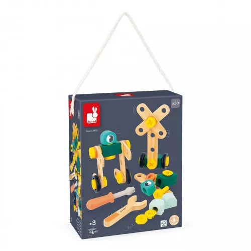 JANOD Brico'Kids 50-piece wooden toy packaging displaying robot and vehicle build ideas