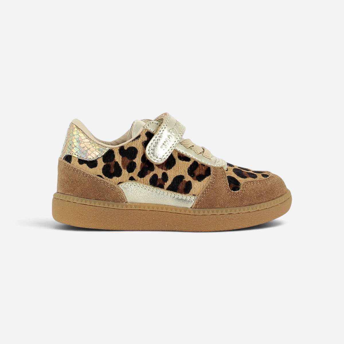 Shoo Pom Kix Lo Connect kids sneakers tan black leopard print suede gold velcro