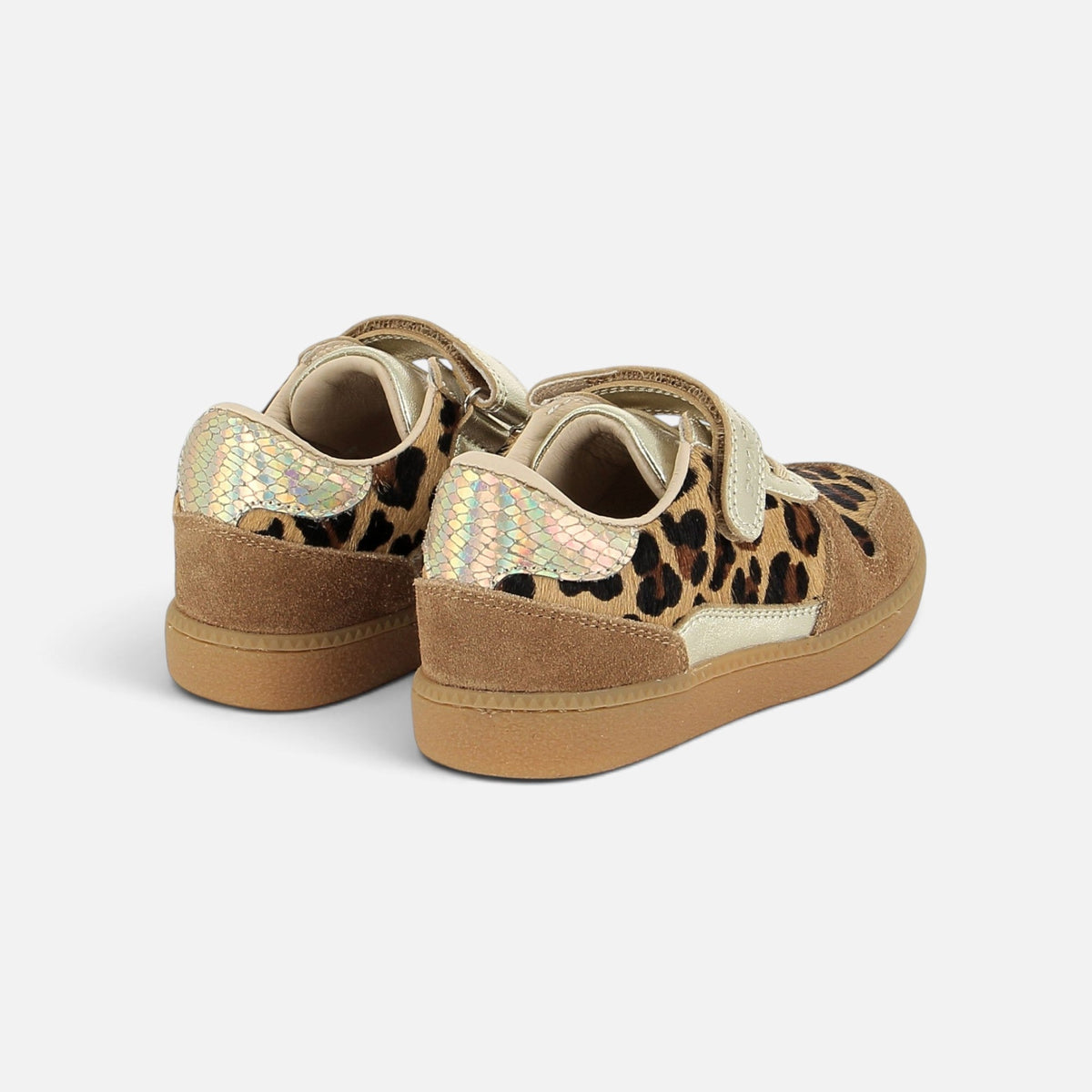 Shoo Pom Kix Lo Connect sneaker heel detail iridescent snakeskin texture brown suede