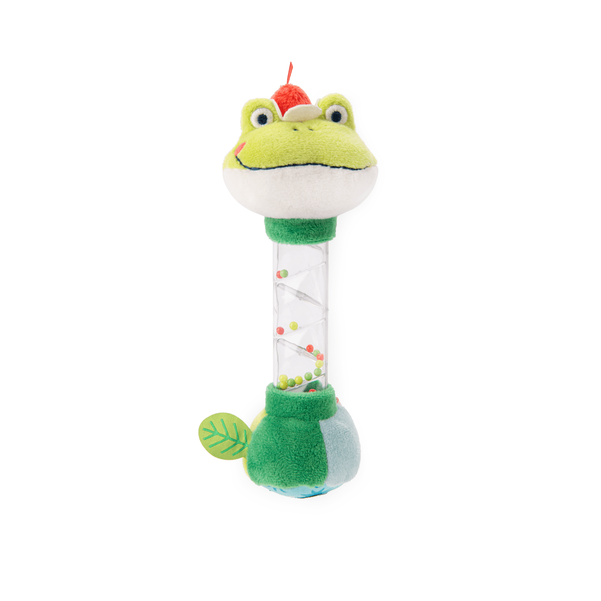 La Mare aux Grenouilles fabric rain stick with green frog head and beads