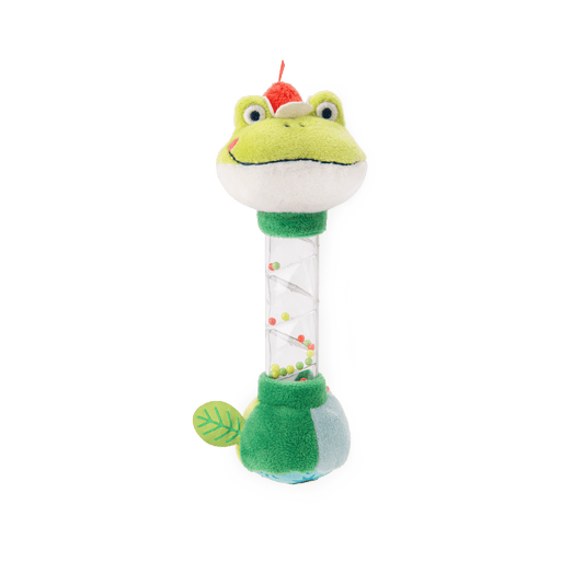 La Mare aux Grenouilles fabric rain stick with green frog head and beads