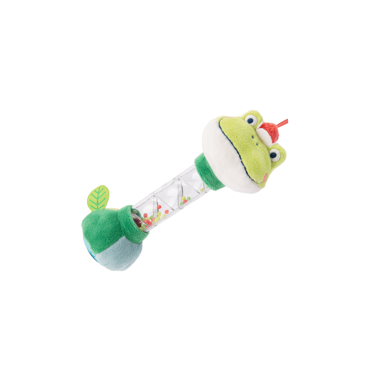 Green frog rain stick toy with spiral tube and colorful beads