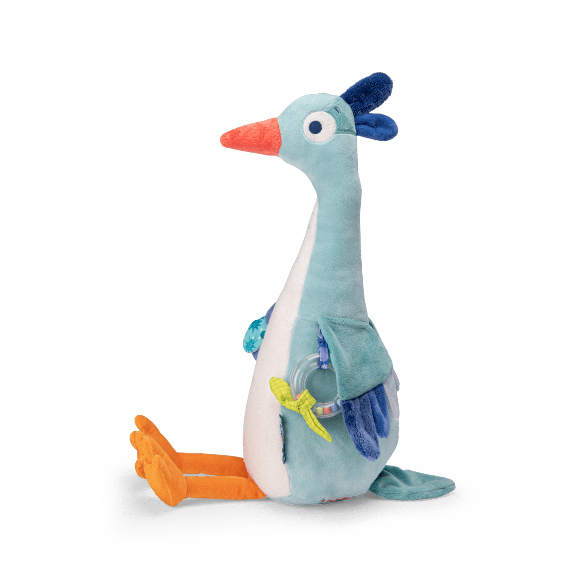 Moulin Roty Régina blue plush bird rattle toy with orange beak for babies