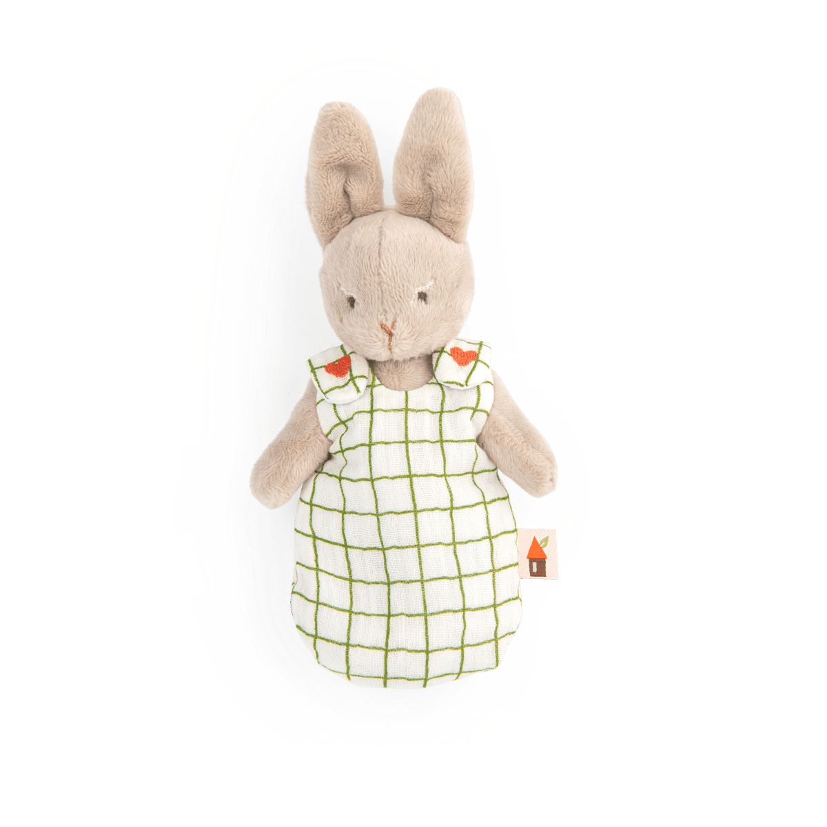 Bébé Nine plush rabbit doll in green windowpane check gigoteuse with red hearts