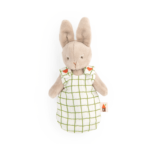 Bébé Nine plush rabbit doll in green windowpane check gigoteuse with red hearts