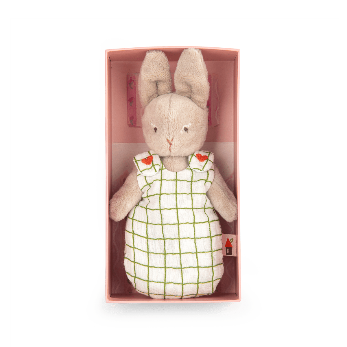 Bébé Nine rabbit doll inside pink Moulin Roty presentation box with fitted insert