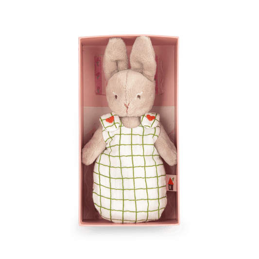 Bébé Nine rabbit doll inside pink Moulin Roty presentation box with fitted insert