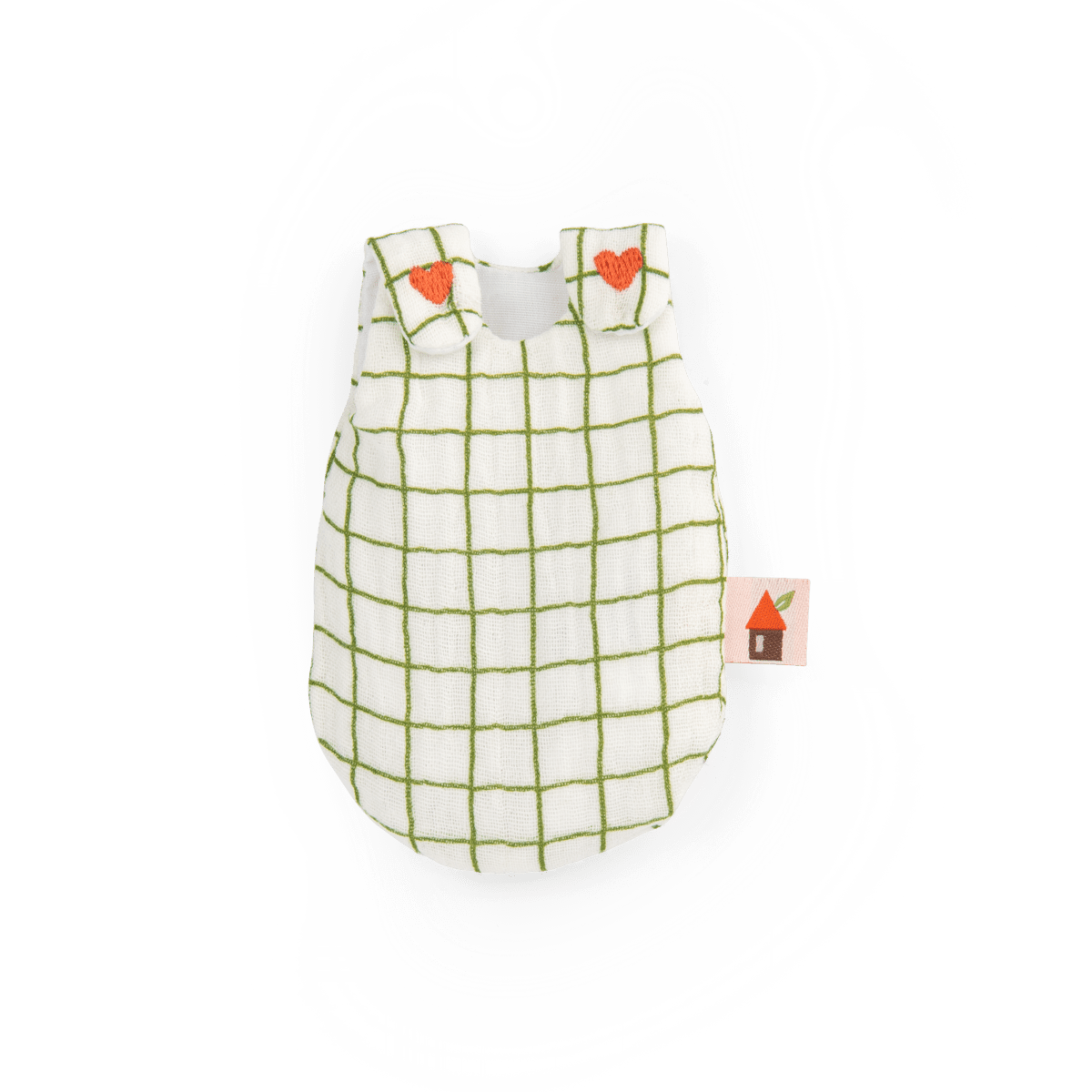 Close-up of removable green checkered cotton gigoteuse with embroidered heart details