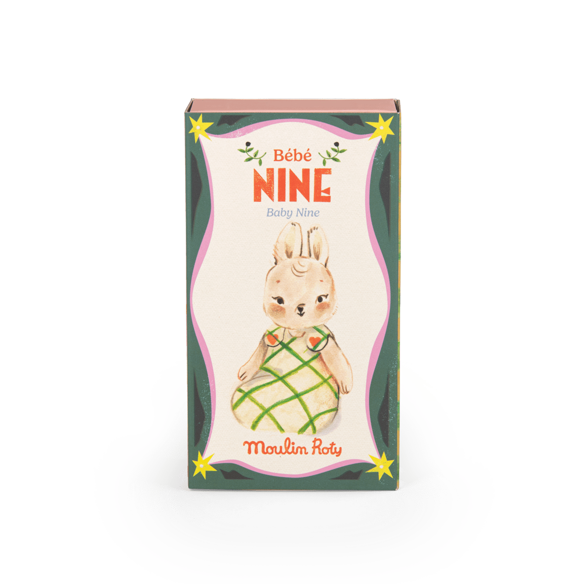 Front view of Moulin Roty Bébé Nine doll box with watercolor illustration and stars