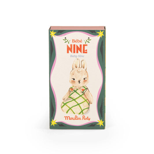 Front view of Moulin Roty Bébé Nine doll box with watercolor illustration and stars