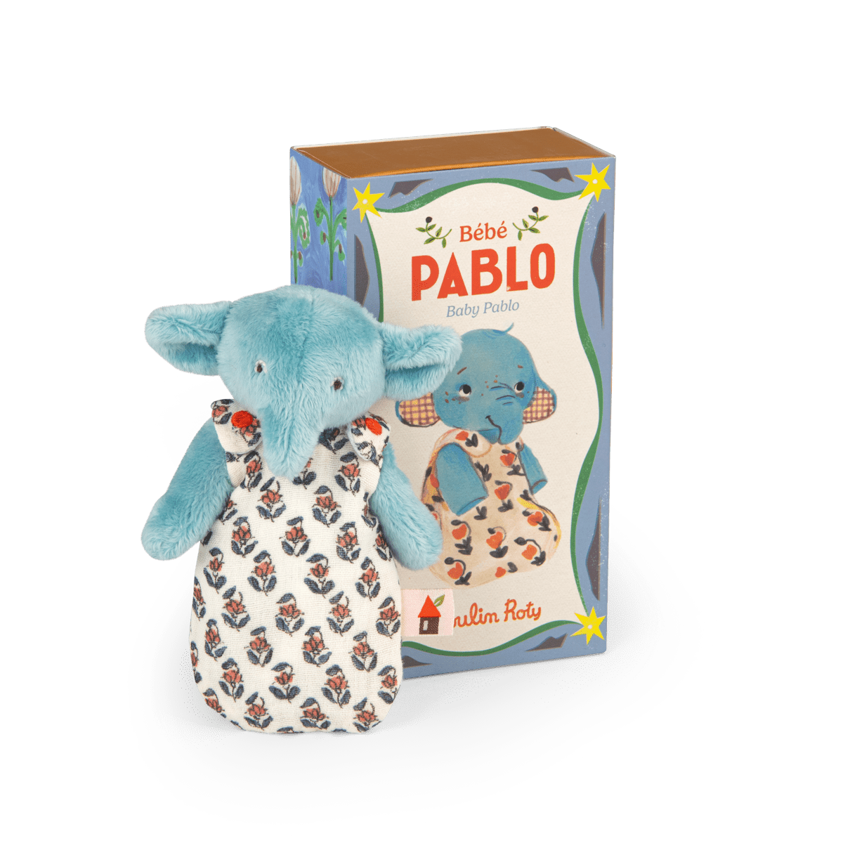 Bébé Pablo elephant in removable floral swaddle with retail packaging