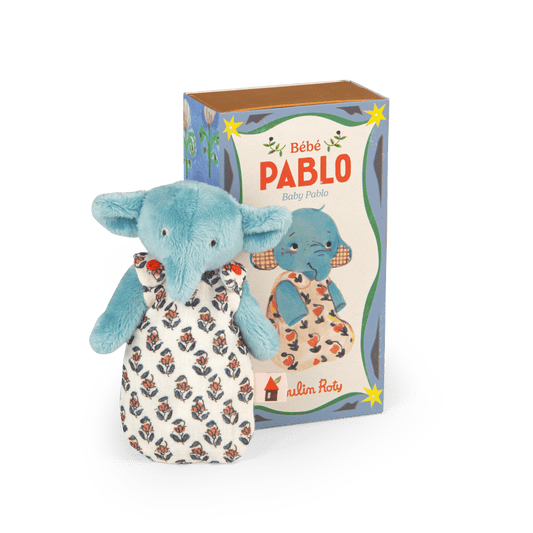 Bébé Pablo elephant in removable floral swaddle with retail packaging