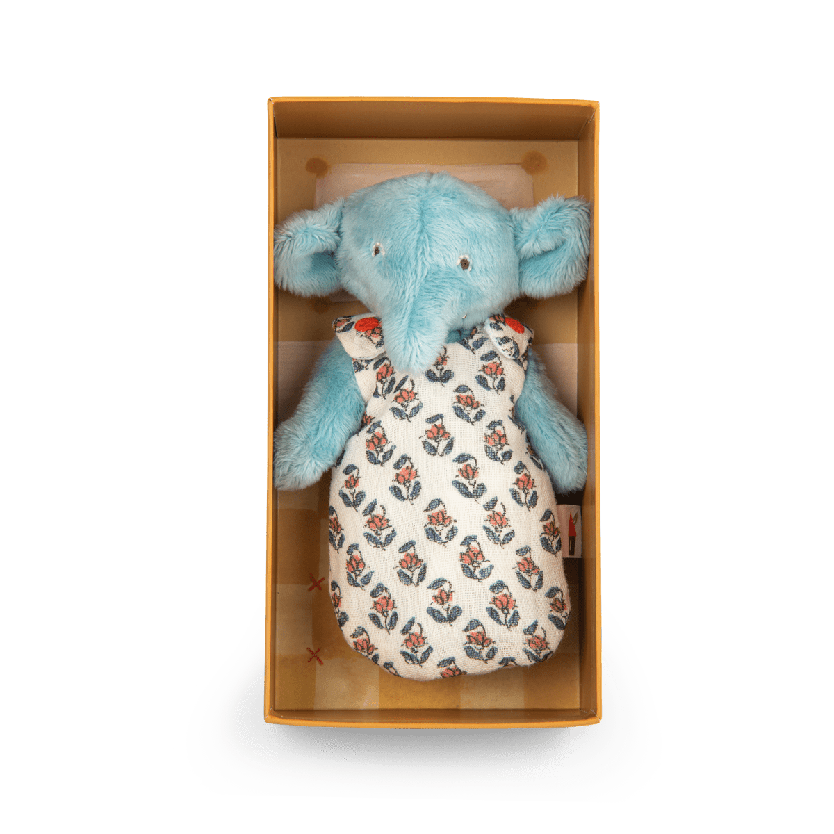 Bébé Pablo plush elephant inside open gift box with checkered lining