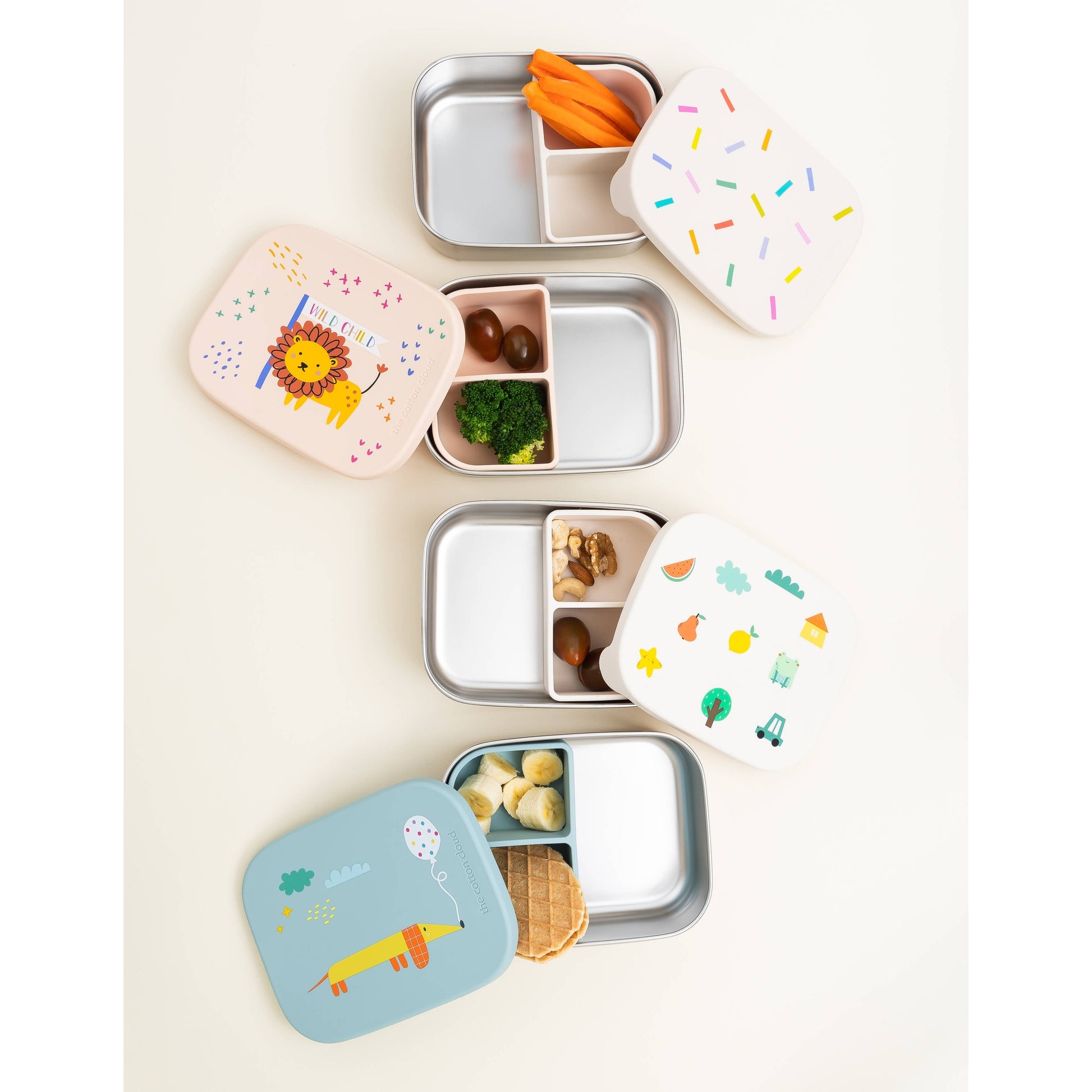 Stainless steel divided lunchboxes with lion fruit and dachshund lids