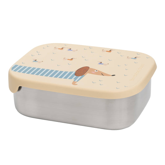 Beige dachshund pajama stainless steel lunchbox lid close-up