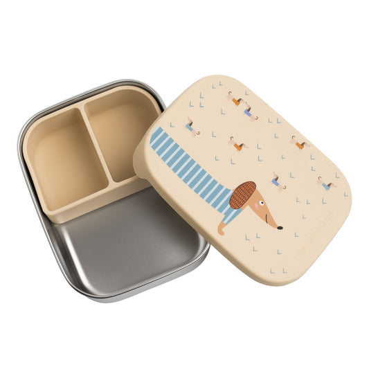 Open stainless steel lunchbox with beige dachshund lid and compartments
