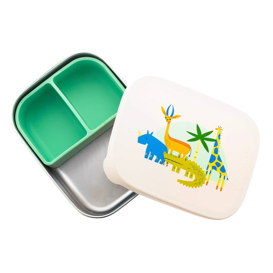Stainless steel lunchbox with green silicone divider and jungle animal lid