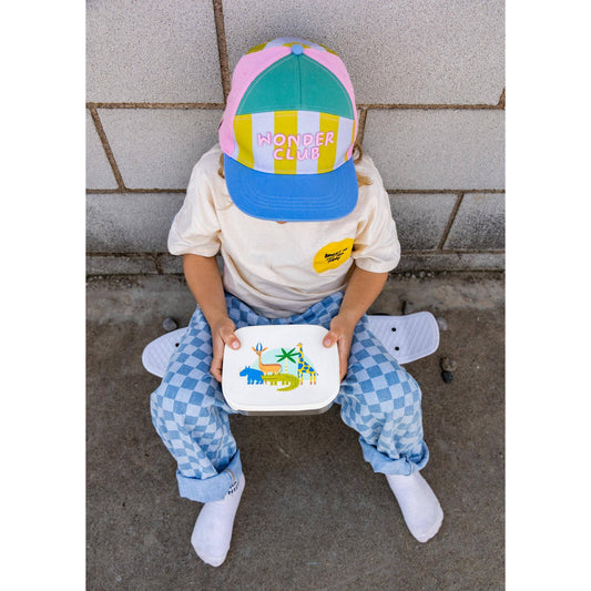Child holding stainless steel Croc Rock lunchbox with jungle animal lid