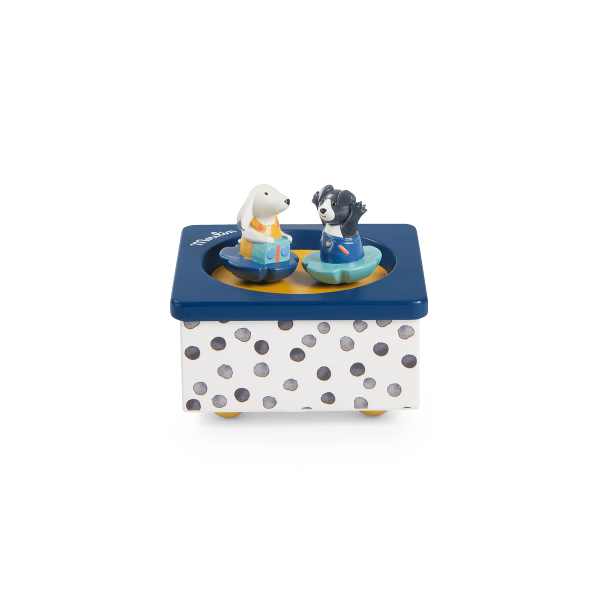 Puce & Pilou rotating dog figurines on wooden music box